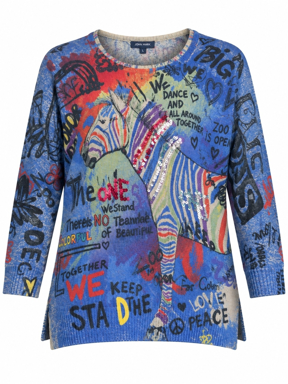 JOHN MARK | Zebra Graffiti Sequin Pop Art Mixed Media Novelty Sweater Tunic | L